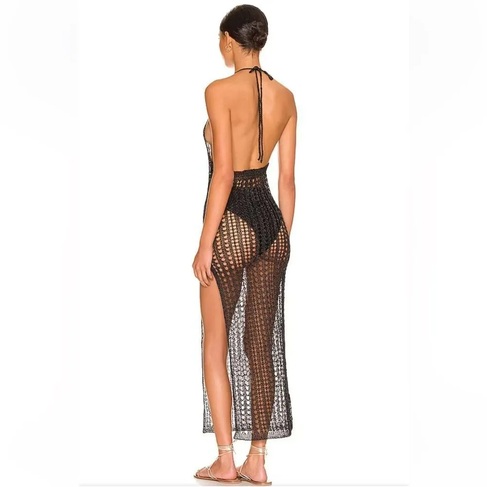 Superdown Renata Dress black sheer halter swim cover up mesh midi maxi Revolve - Picture 3 of 10